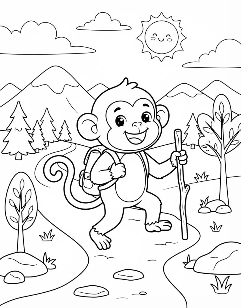 Coloring page of a monkey hiking a winding mountain trail with a backpack and walking stick, pine trees and mountains in the background