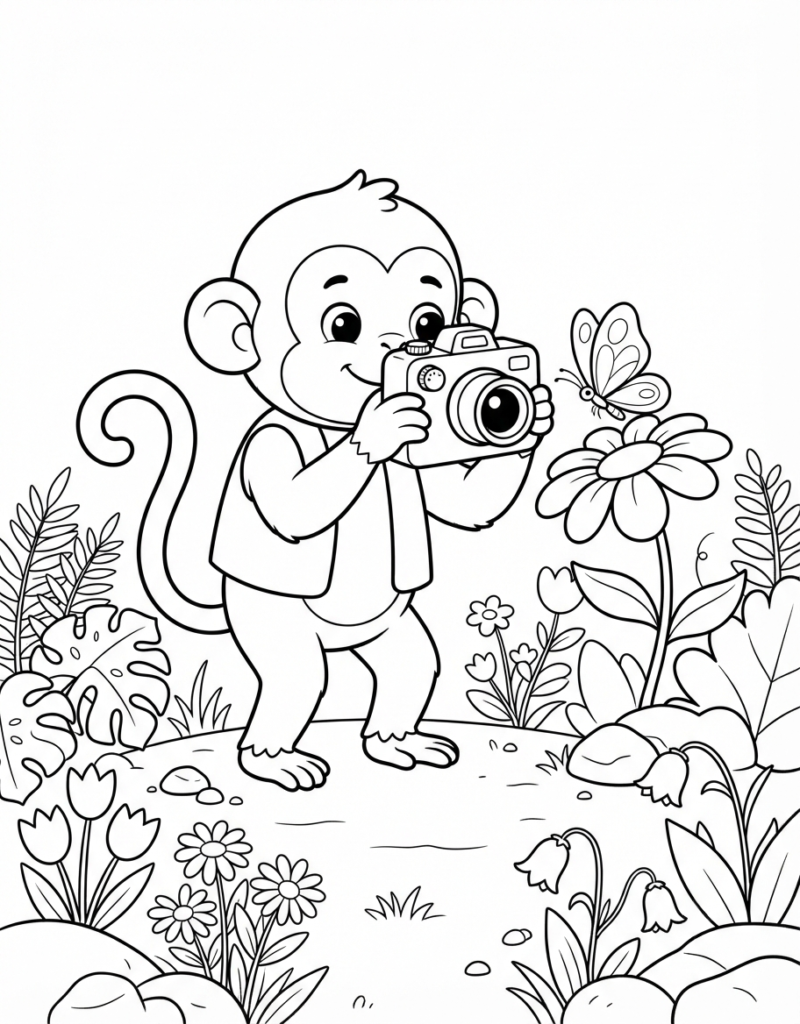 Coloring page of a monkey holding a camera up to photograph a large flower with a butterfly resting beside it