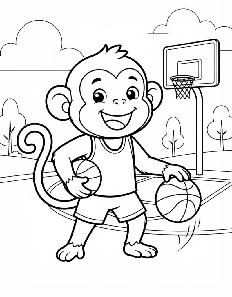 Coloring page of a monkey wearing a basketball jersey, holding one basketball and dribbling another on an outdoor court with a hoop