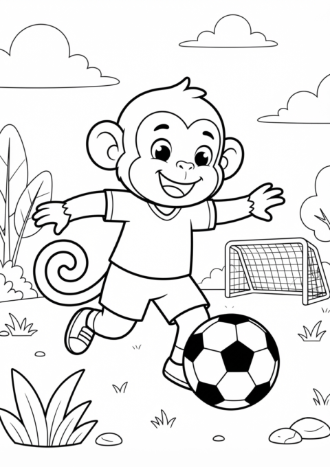 Monkey Playing Soccer Coloring Page