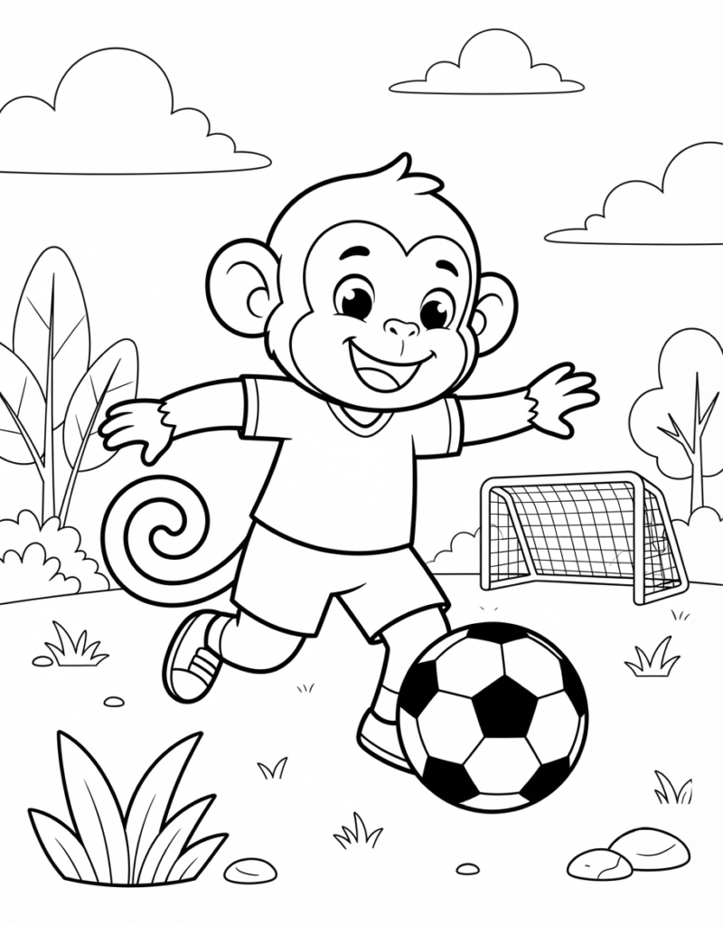 Coloring page of a monkey wearing a soccer jersey and cleats, running to kick a soccer ball toward a goal with a net