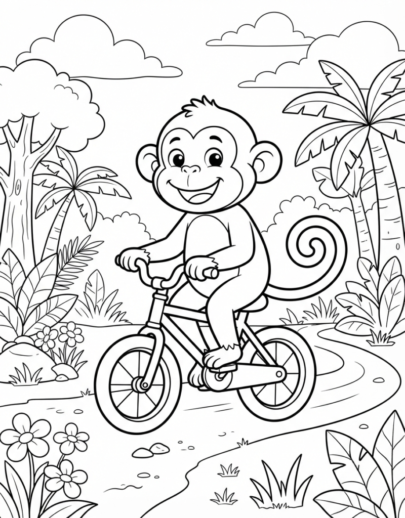 Coloring page of a monkey riding a bicycle down a jungle path lined with palm trees, flowers, and bushes
