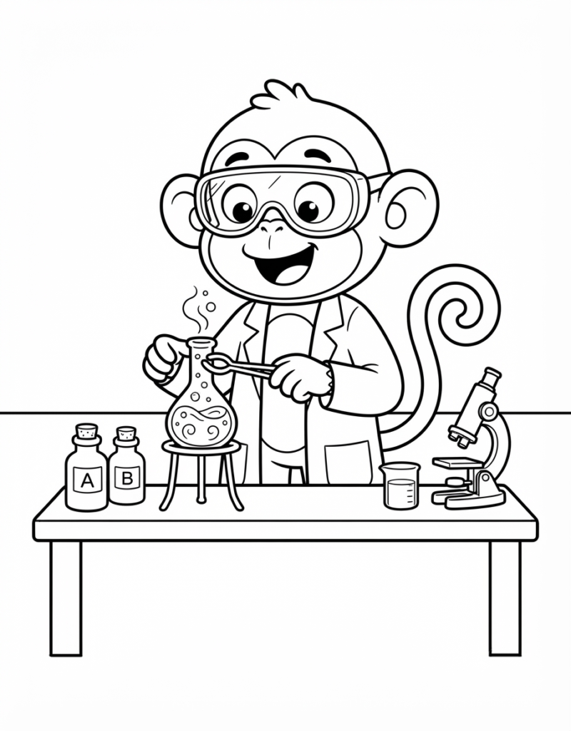Coloring page of a monkey scientist in goggles and a lab coat adding drops to a bubbling flask, with labeled bottles and a microscope on the table