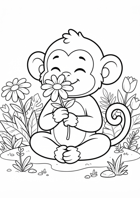 Monkey Smelling a Flower Coloring Page