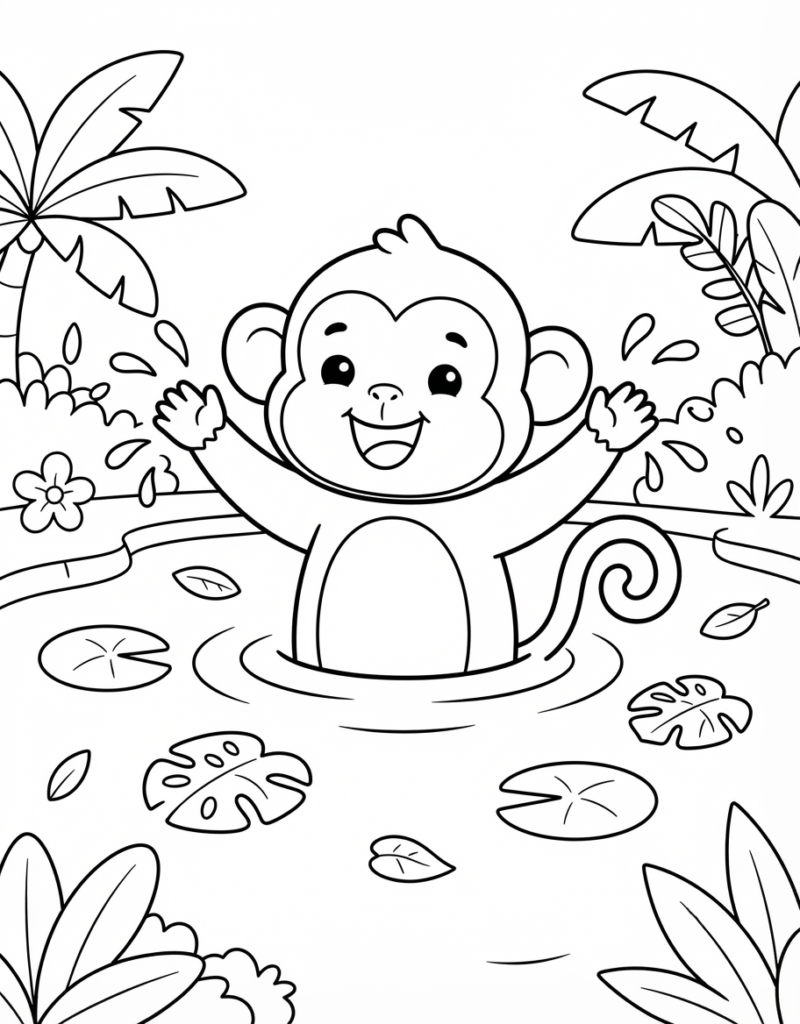 Coloring page of a monkey splashing joyfully in a jungle pond with arms raised, floating leaves and palm fronds around it