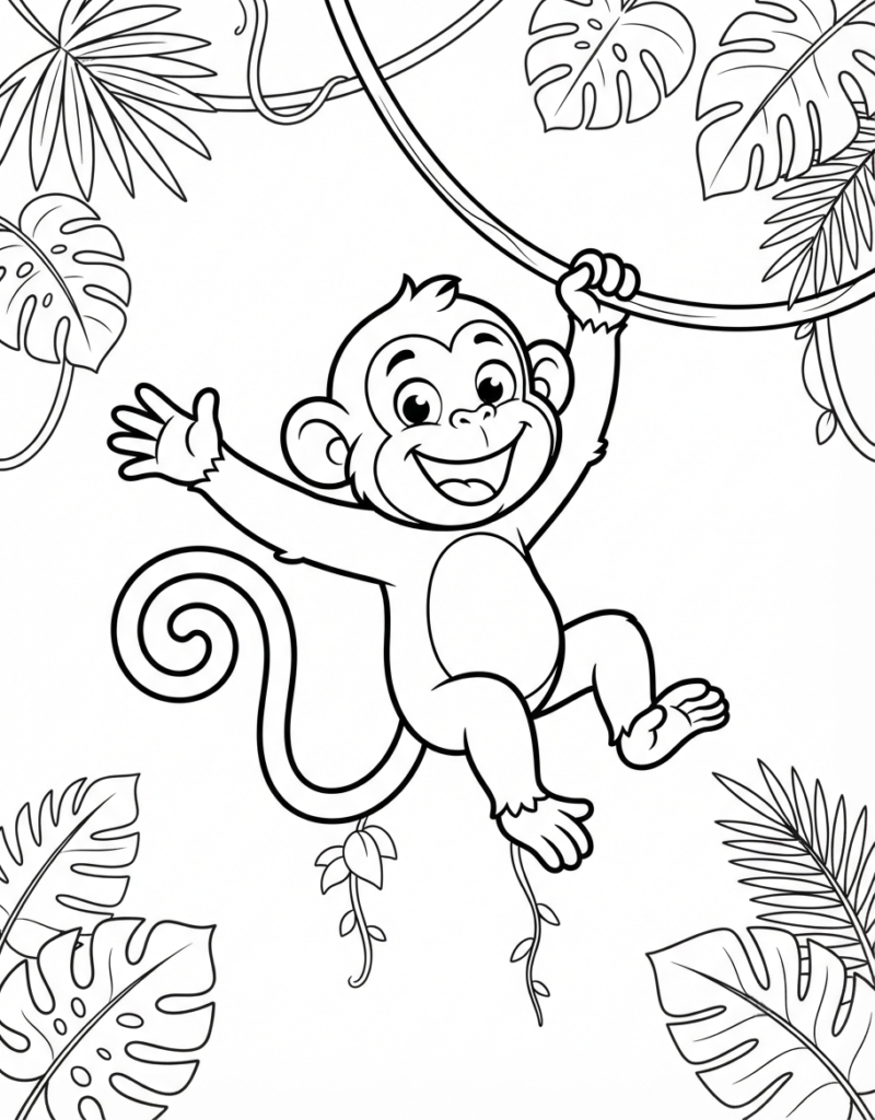 Coloring page of a joyful monkey swinging on a jungle vine with one arm raised, surrounded by jungle leaves