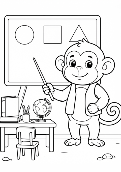 Monkey Teacher Teaching Shapes Coloring Page