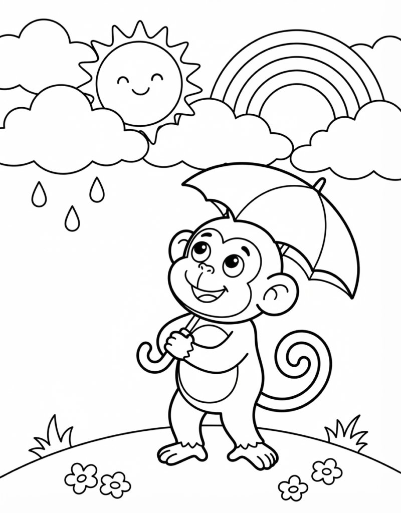 Coloring page of a monkey holding an umbrella under a sky with falling raindrops, a smiling sun, and a rainbow