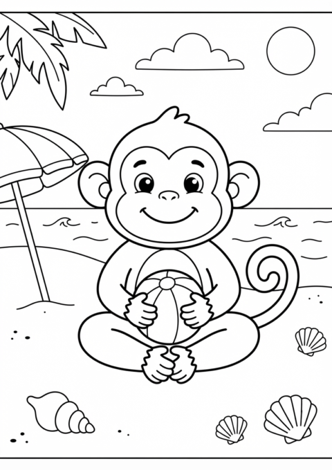 Monkey at the Beach Coloring Page