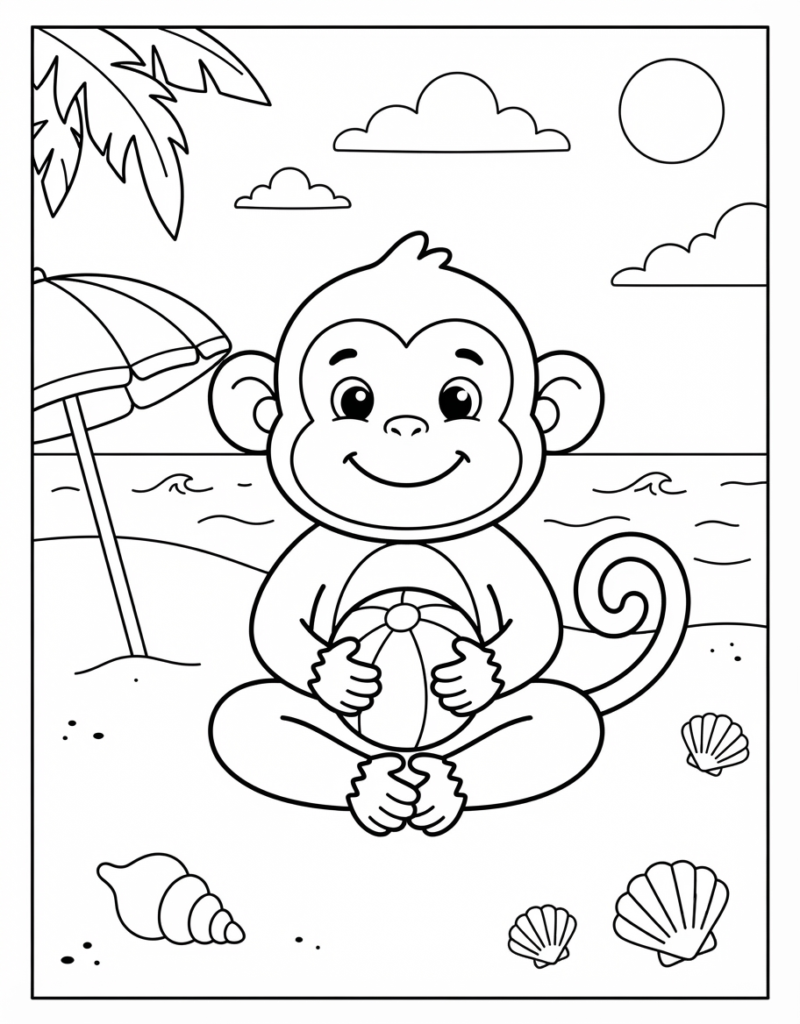 Coloring page of a monkey sitting on the beach holding a beach ball, with an umbrella, palm tree, and ocean waves
