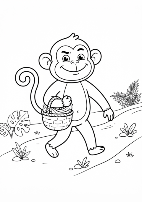Monkey With Banana Basket Coloring Page
