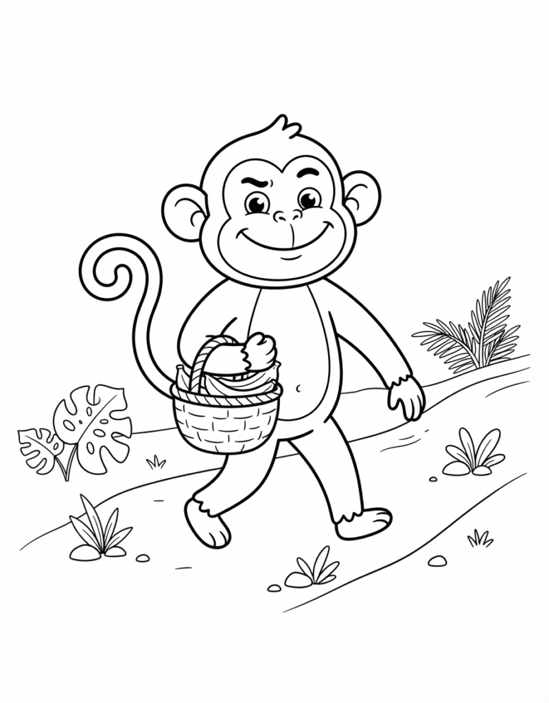 Coloring page of a monkey walking down a jungle path carrying a woven basket full of bananas