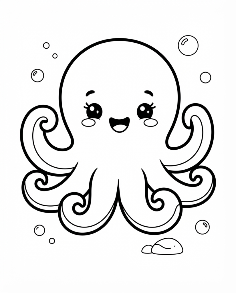 Octopus coloring page with a smiling octopus and curling arms among bubbles