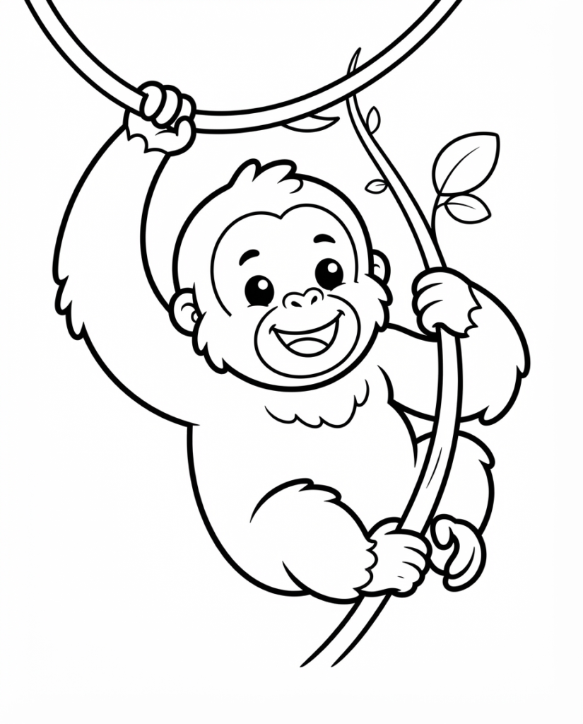 Orangutan coloring page with a young orangutan climbing a jungle vine