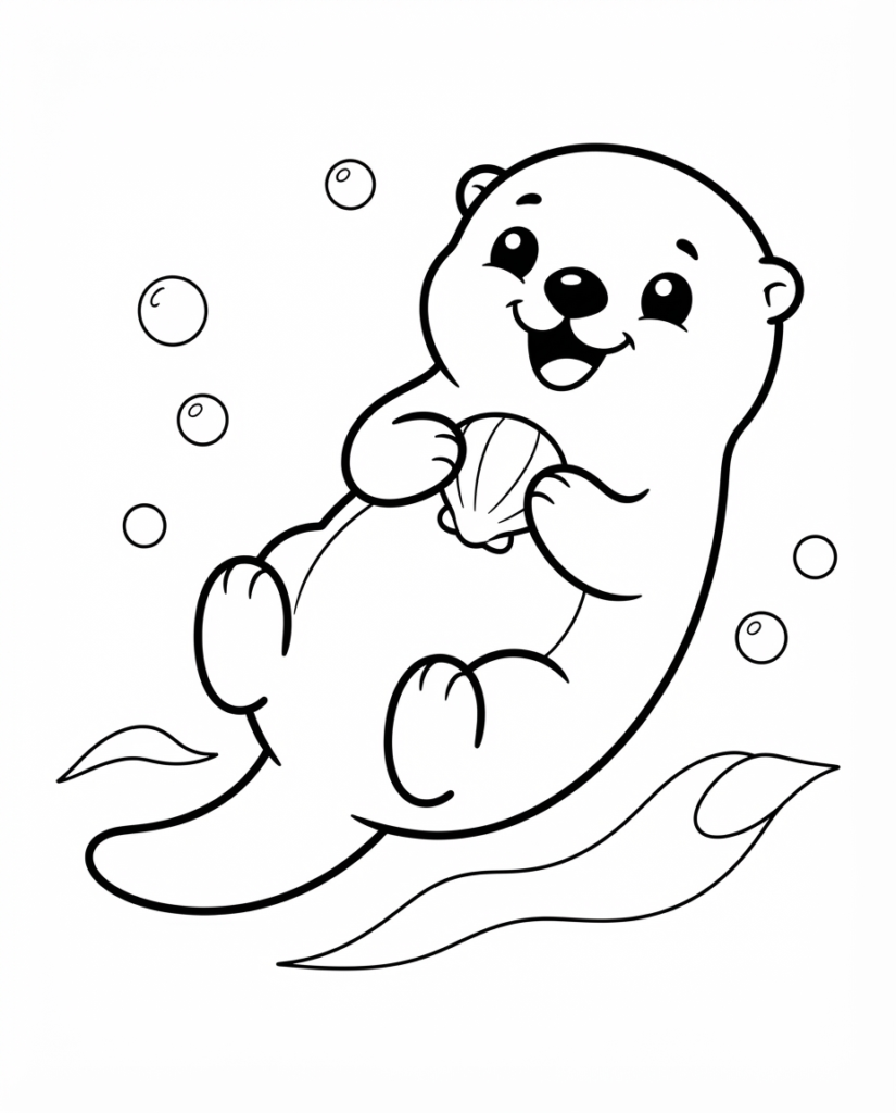Otter coloring page with an otter floating on its back holding a shell
