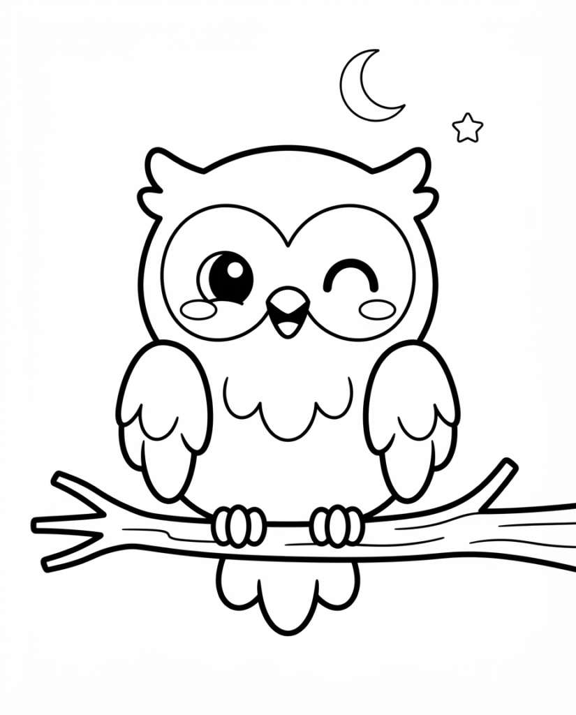 Owl coloring page with an owl perched on a branch under the moon and stars