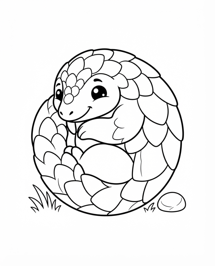 Pangolin coloring page with a pangolin curled up in the grass