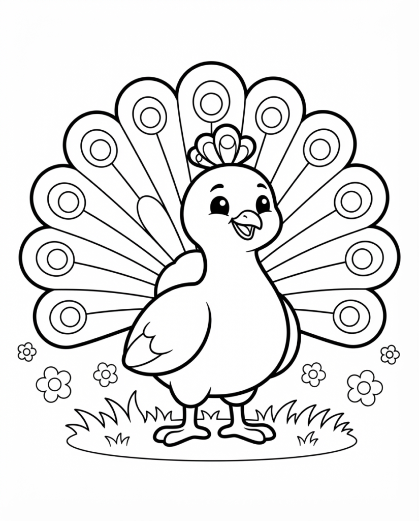 Peacock coloring page with a peacock displaying its fanned tail feathers