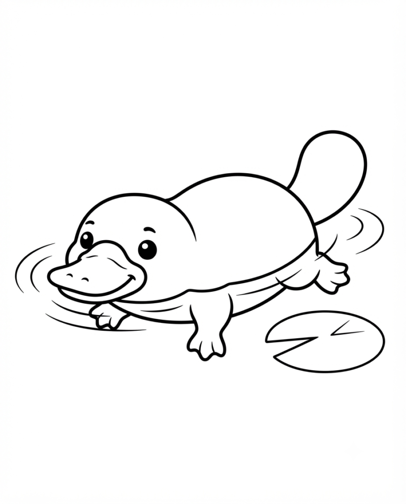 Platypus coloring page with a platypus swimming near a lily pad