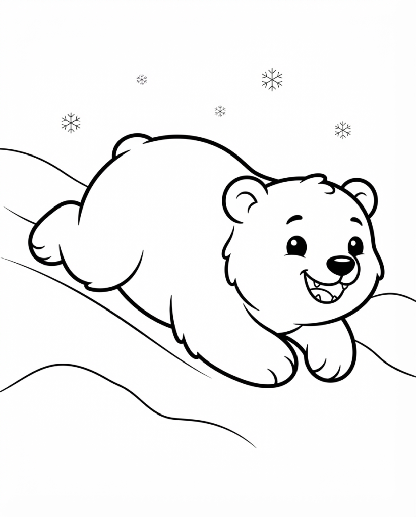 Polar bear coloring page with a polar bear sliding down a snowy hill
