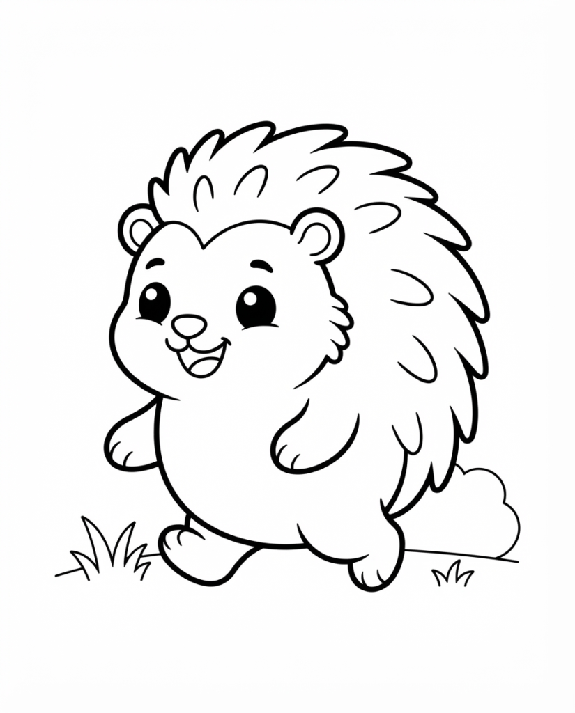 Porcupine coloring page with a porcupine walking through the grass