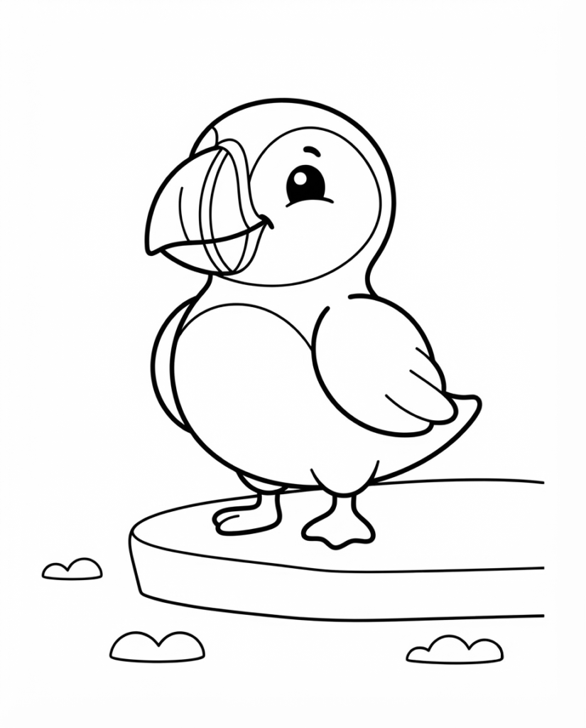 Puffin coloring page with a puffin standing on a rocky ledge by the sea