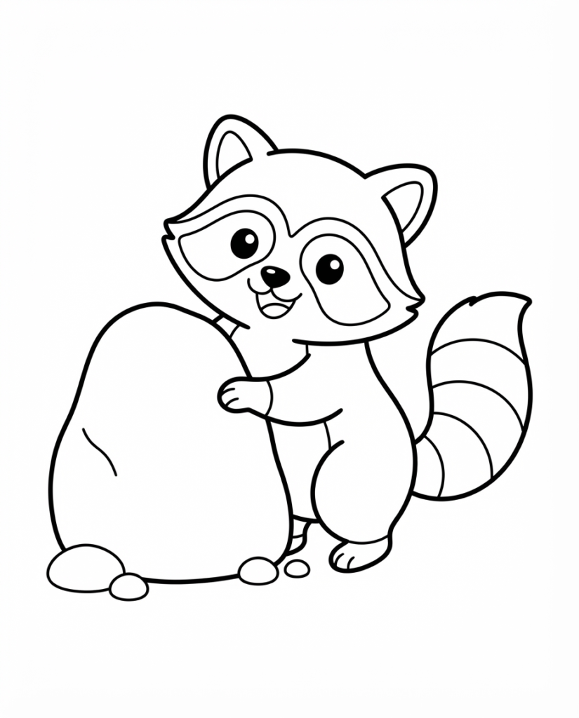 Raccoon coloring page with a raccoon standing beside a rock