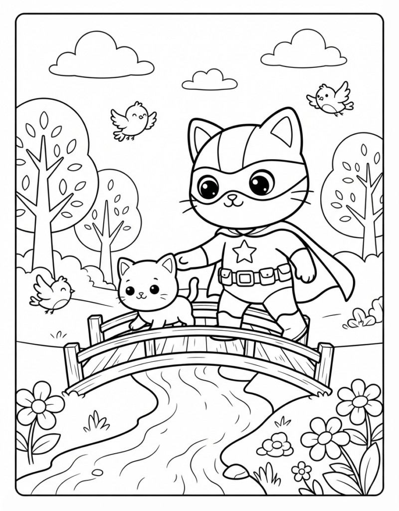 Coloring page of a superhero kitten helping a smaller kitten cross a wooden bridge over a stream, with birds and flowers nearby