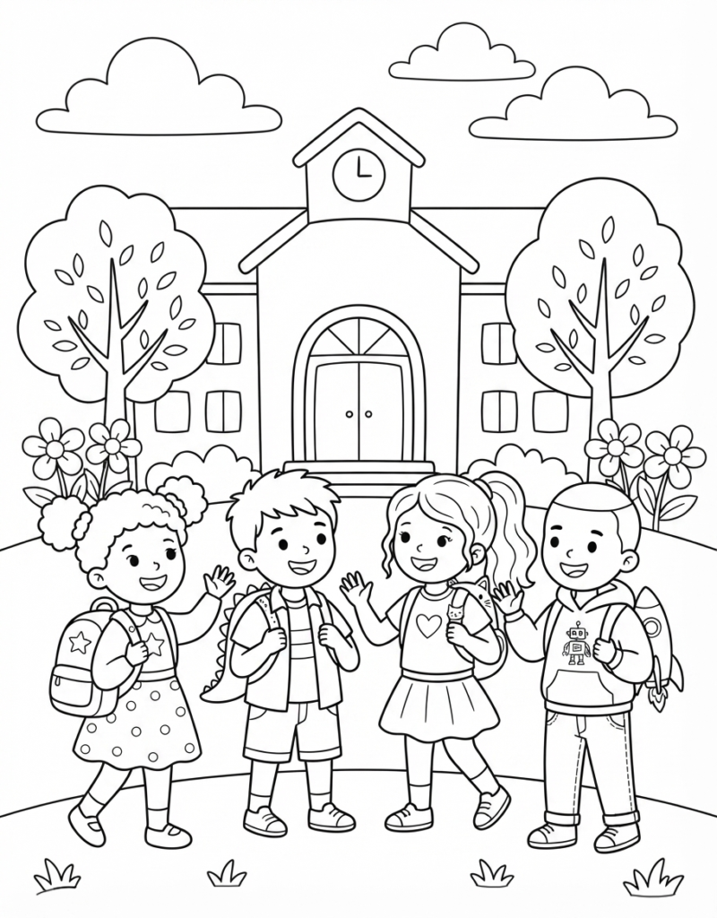 Coloring page of four children with different backpacks waving together in front of a school building with a clock and two trees