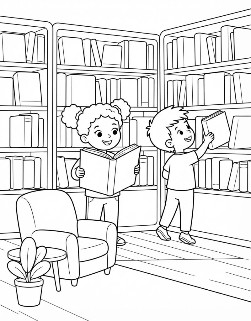 Coloring page of a school library with a girl reading an open book and a boy reaching for a book, tall bookshelves, an armchair, and a potted plant