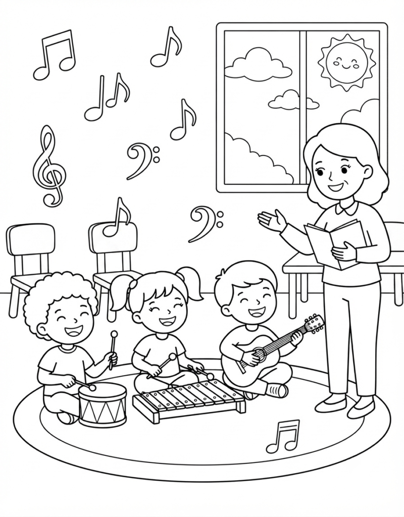 Coloring page of three children playing a drum, xylophone, and guitar in music as their teacher sings with a songbook, musical notes floating above