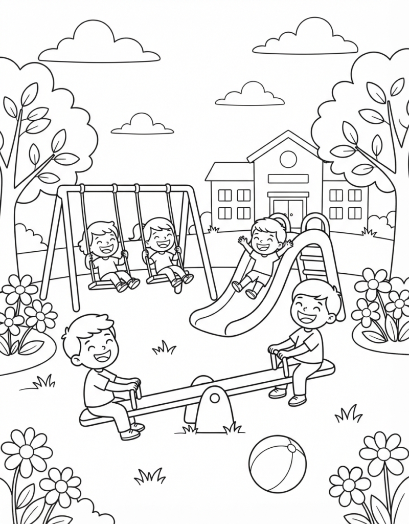 Coloring page of a school playground with children on swings, a slide, and a seesaw, a ball on the grass, and the school building in the background