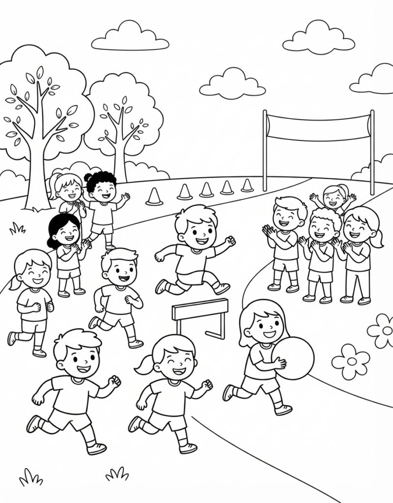 Coloring page of a school sports day with children running a cone-lined race track, jumping a hurdle, and cheering from the sidelines