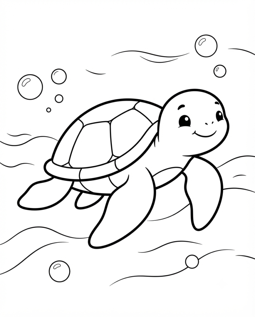 Sea turtle coloring page with a sea turtle swimming through the ocean