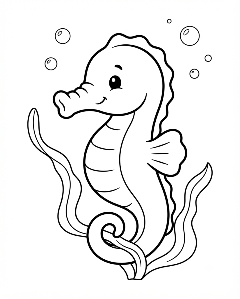 Seahorse coloring page with a seahorse resting among seaweed