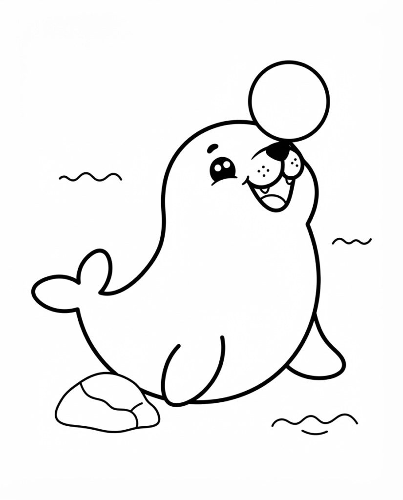 Seal coloring page with a seal balancing a ball on its nose by the waves