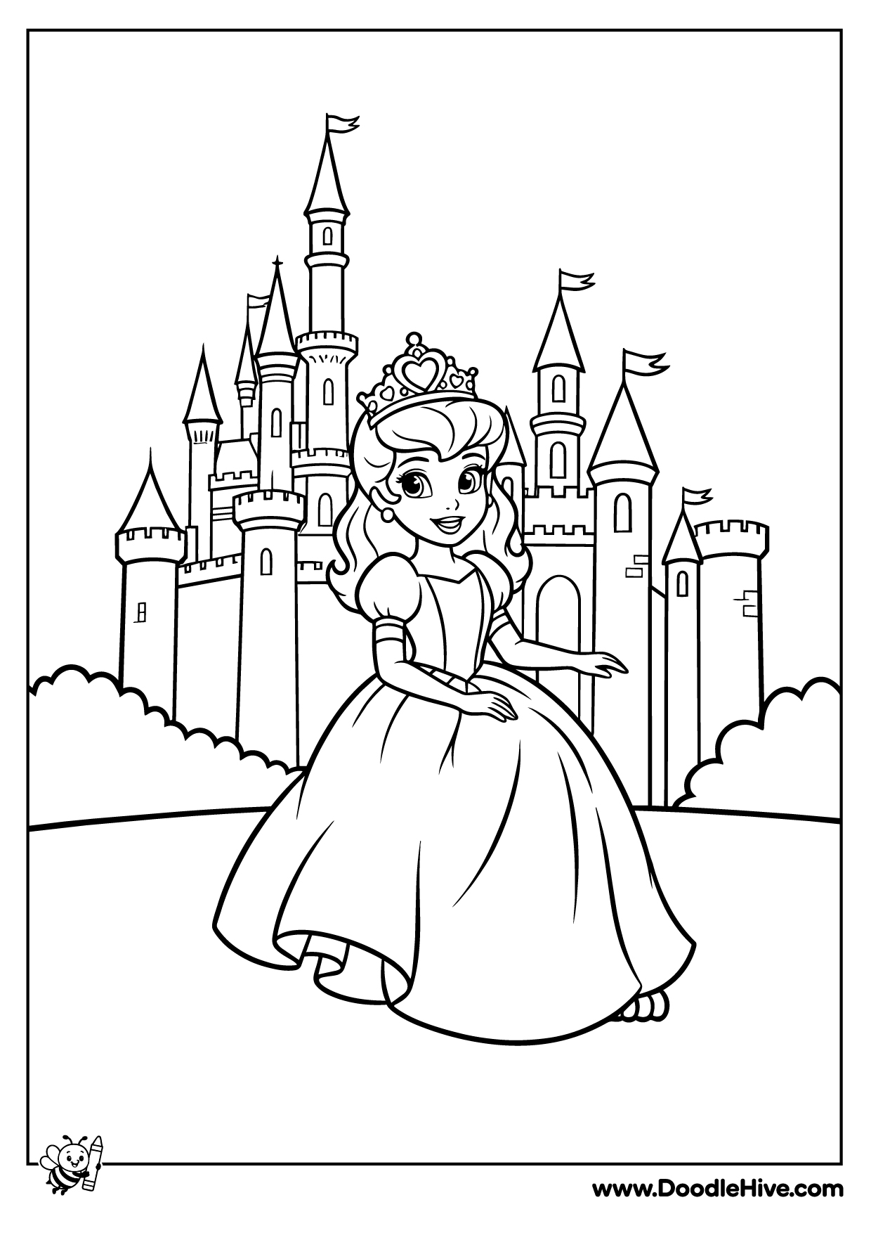 Cute Fairy-Tale Princess & Castle Coloring Page for Kids