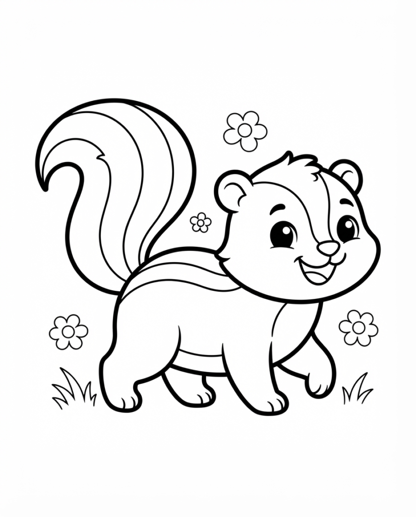 Skunk coloring page with a skunk walking through a patch of flowers