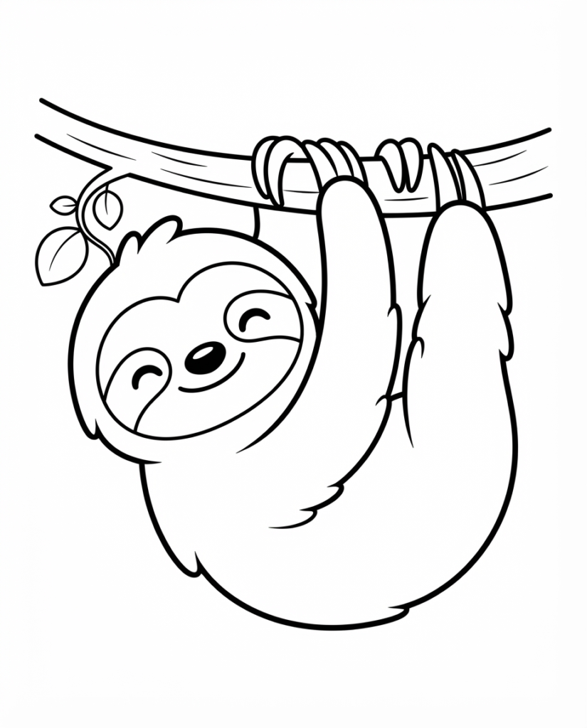 Sloth coloring page with a sloth hanging from a branch