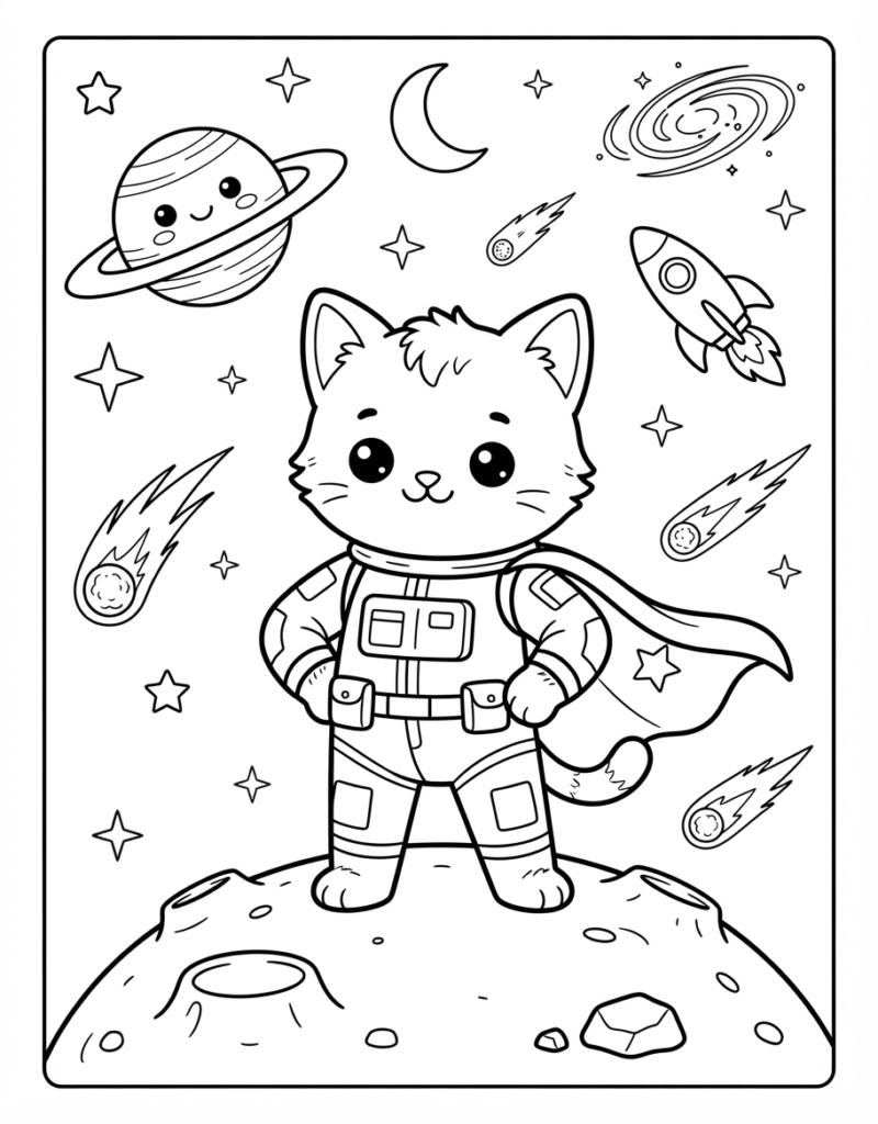 Coloring page of a superhero kitten in a space suit and cape standing on the moon, with a ringed planet, galaxy, and rocket in the sky