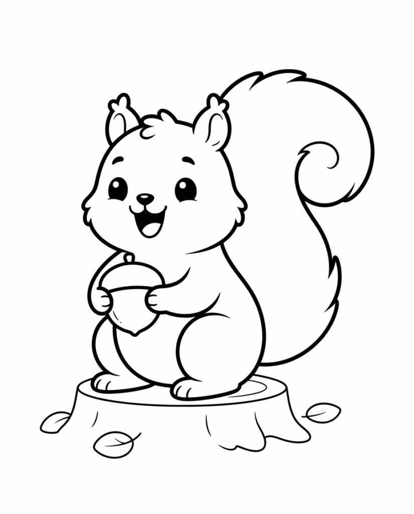 Squirrel coloring page with a squirrel on a tree stump holding an acorn