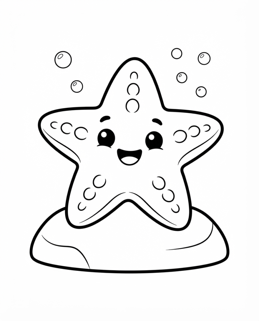 Starfish coloring page with a smiling starfish resting on a rock