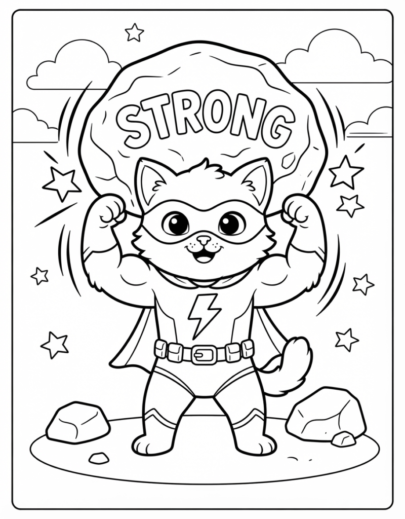 Coloring page of a superhero kitten flexing muscles in front of a huge boulder labeled STRONG, wearing a cape and lightning bolt emblem