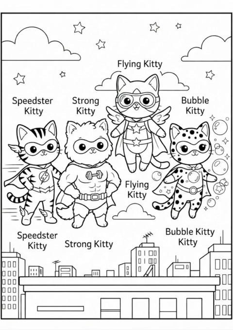 Superhero Kitten Team Coloring Page