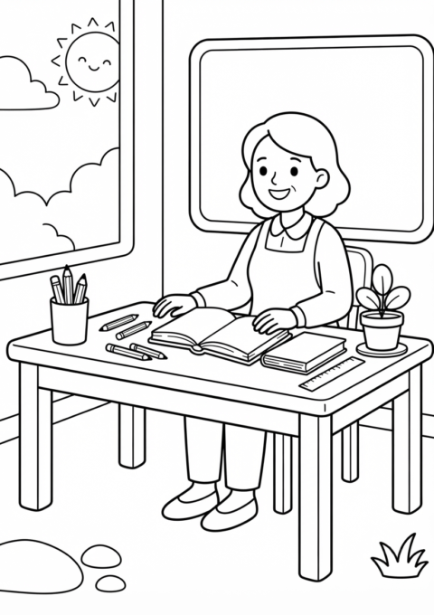 Teacher Desk Coloring Page