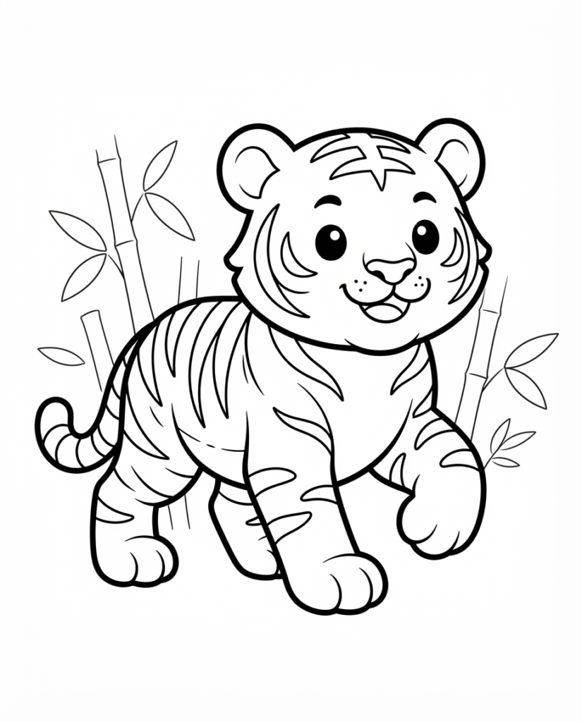 Tiger coloring page with a tiger cub standing in front of bamboo stalks