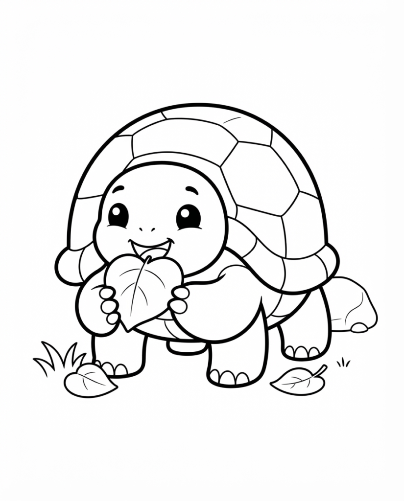 Tortoise coloring page with a tortoise eating a leaf