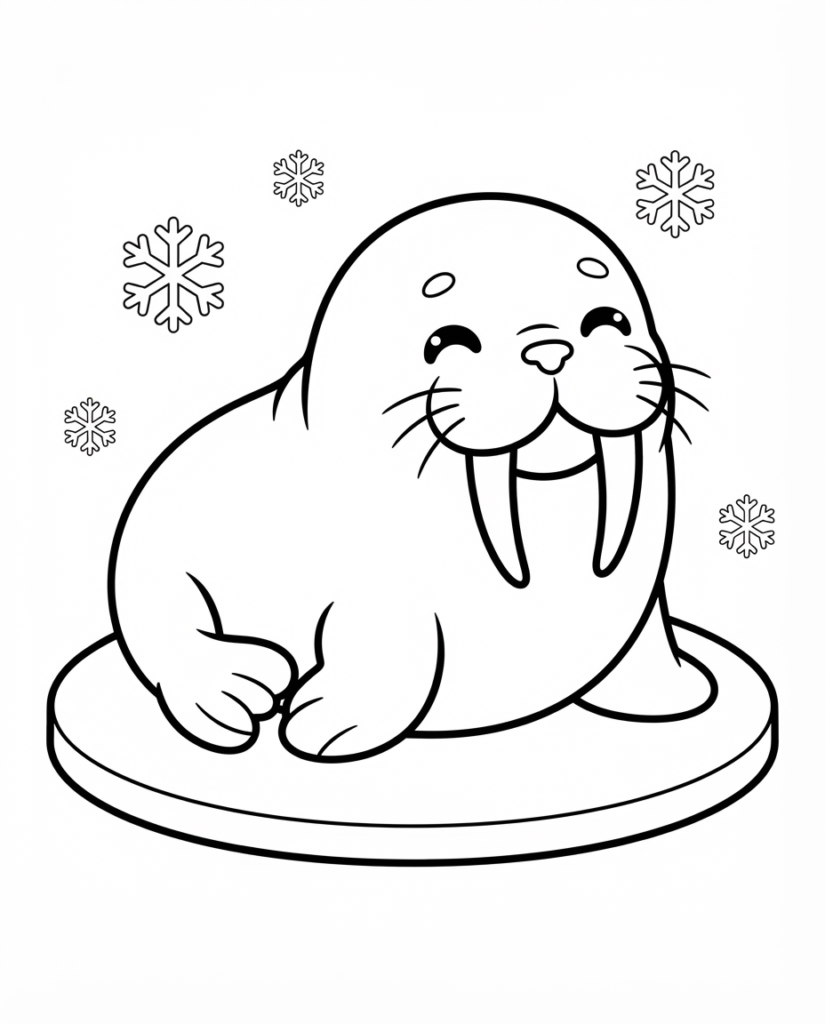 Walrus coloring page with a walrus resting on the ice among snowflakes