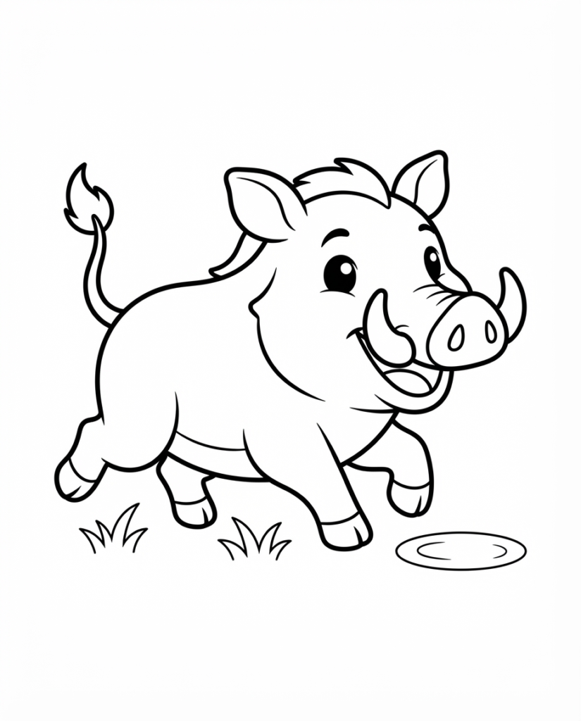 Warthog coloring page with a warthog trotting with its tail held high