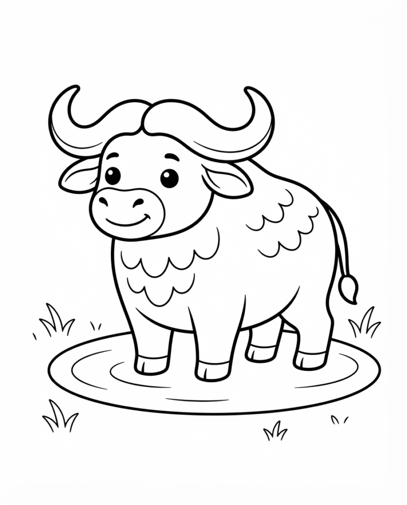 Water buffalo coloring page with a buffalo standing in shallow water